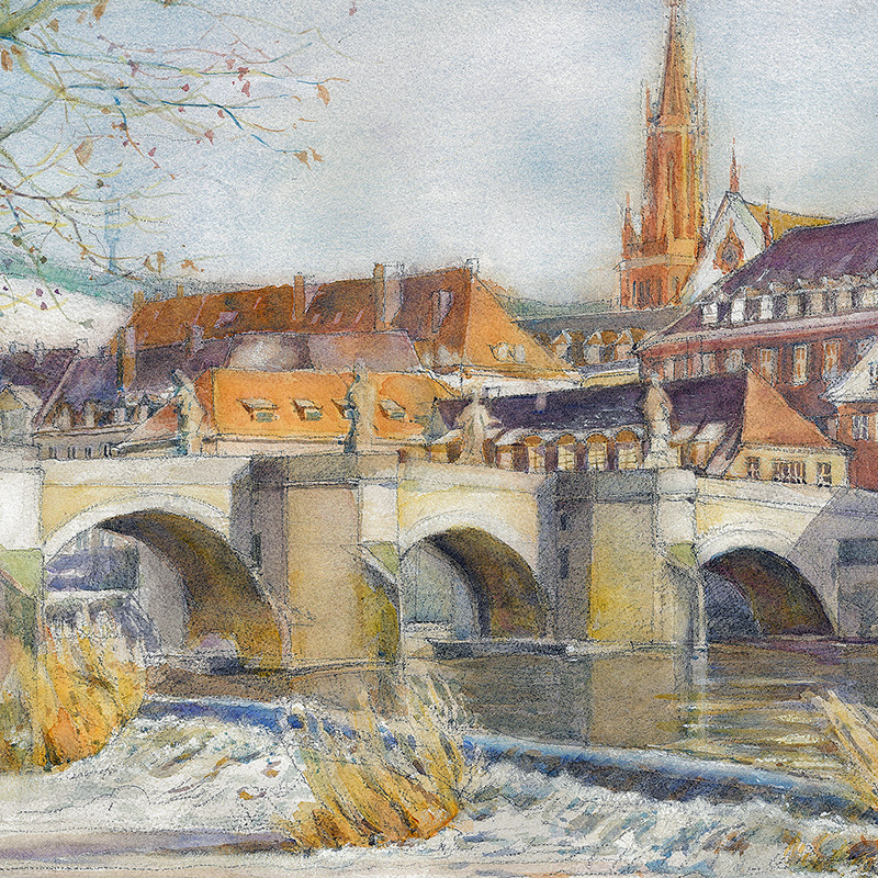 Würzburg, Alte Mainbrücke bei Hochwasser